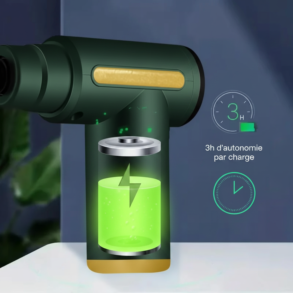 Pistolet de massage MuscleCare – autonomie 3h par charge USB-C – icône batterie – Ledoscare