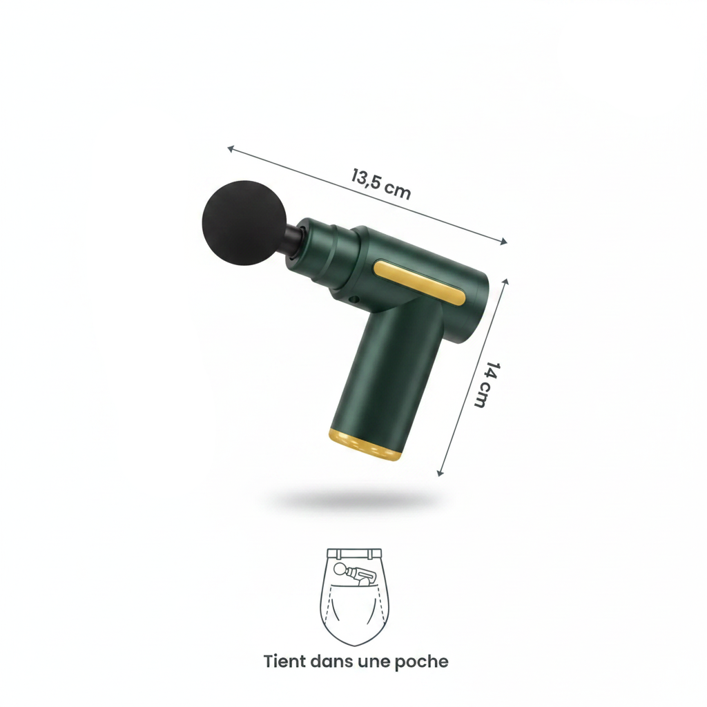 Pistolet de massage MuscleCare – dimensions 13,5 × 14 cm – format ultra-compact tient dans une poche