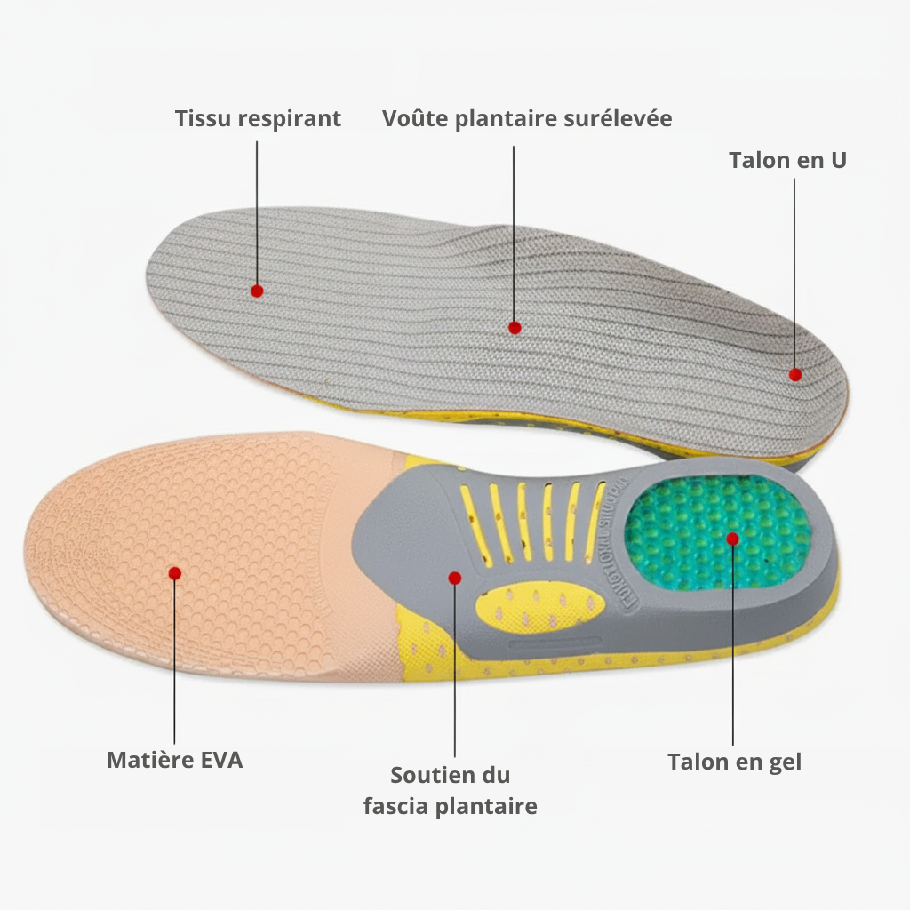	Infographie matériaux semelles Z800 – tissu mesh, gel TPR absorbeur de chocs, matière EVA, talon en U – Ledoscare