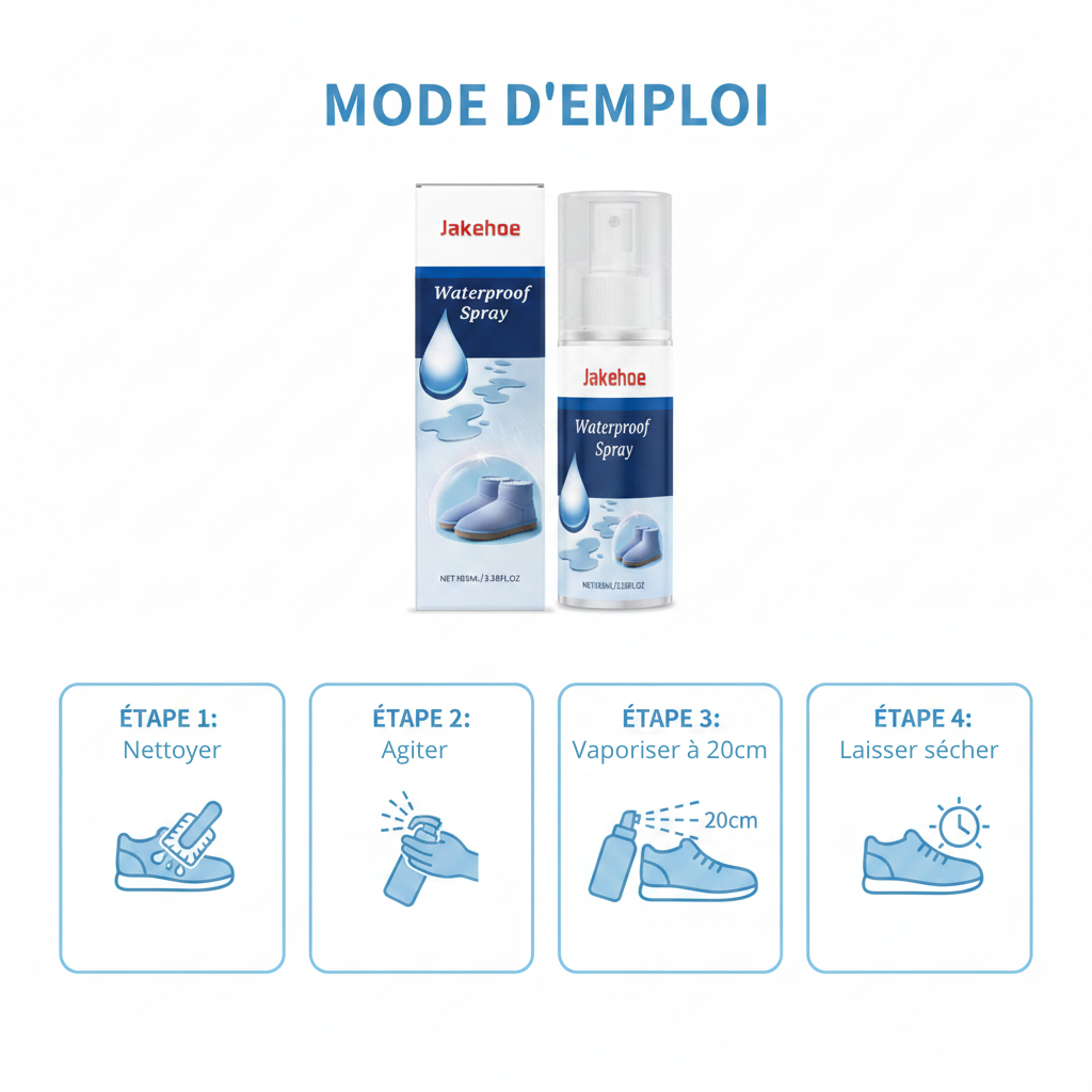 Infographie spray imperméabilisant chaussures – mode d'emploi 4 étapes – vaporiser à 20 cm – Ledoscare