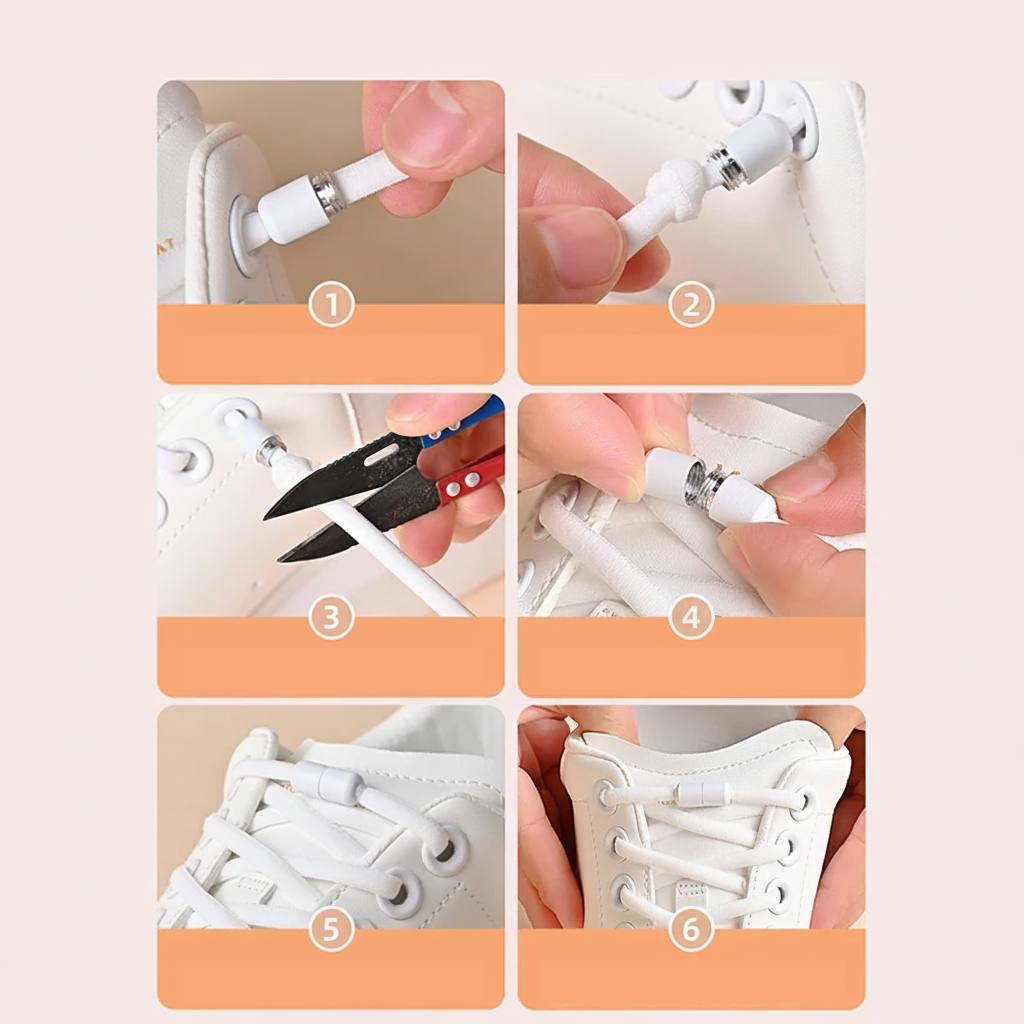 Infographie méthode d'installation lacets élastiques sans nœud – 6 étapes illustrées – Ledoscare