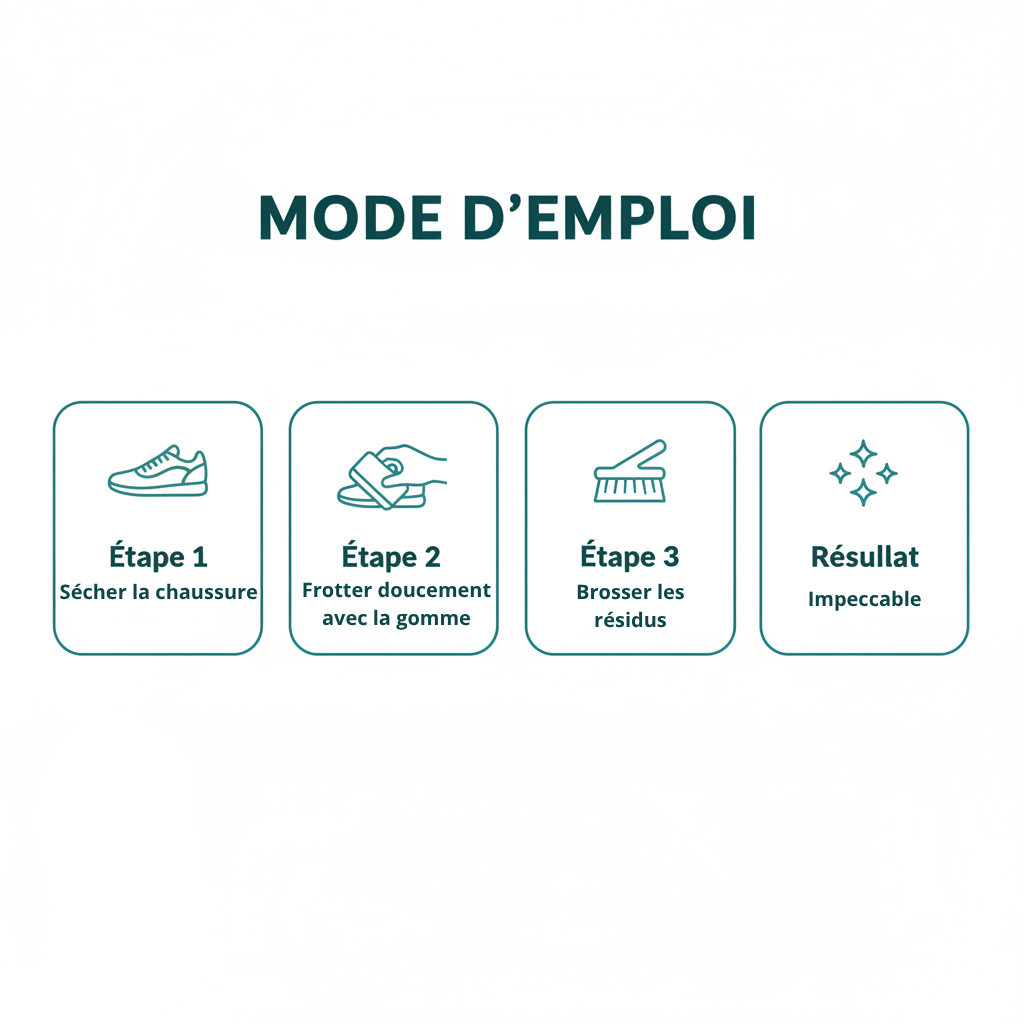 Infographie mode d'emploi gomme nettoyante chaussures – 4 étapes illustrées en français – Ledoscare