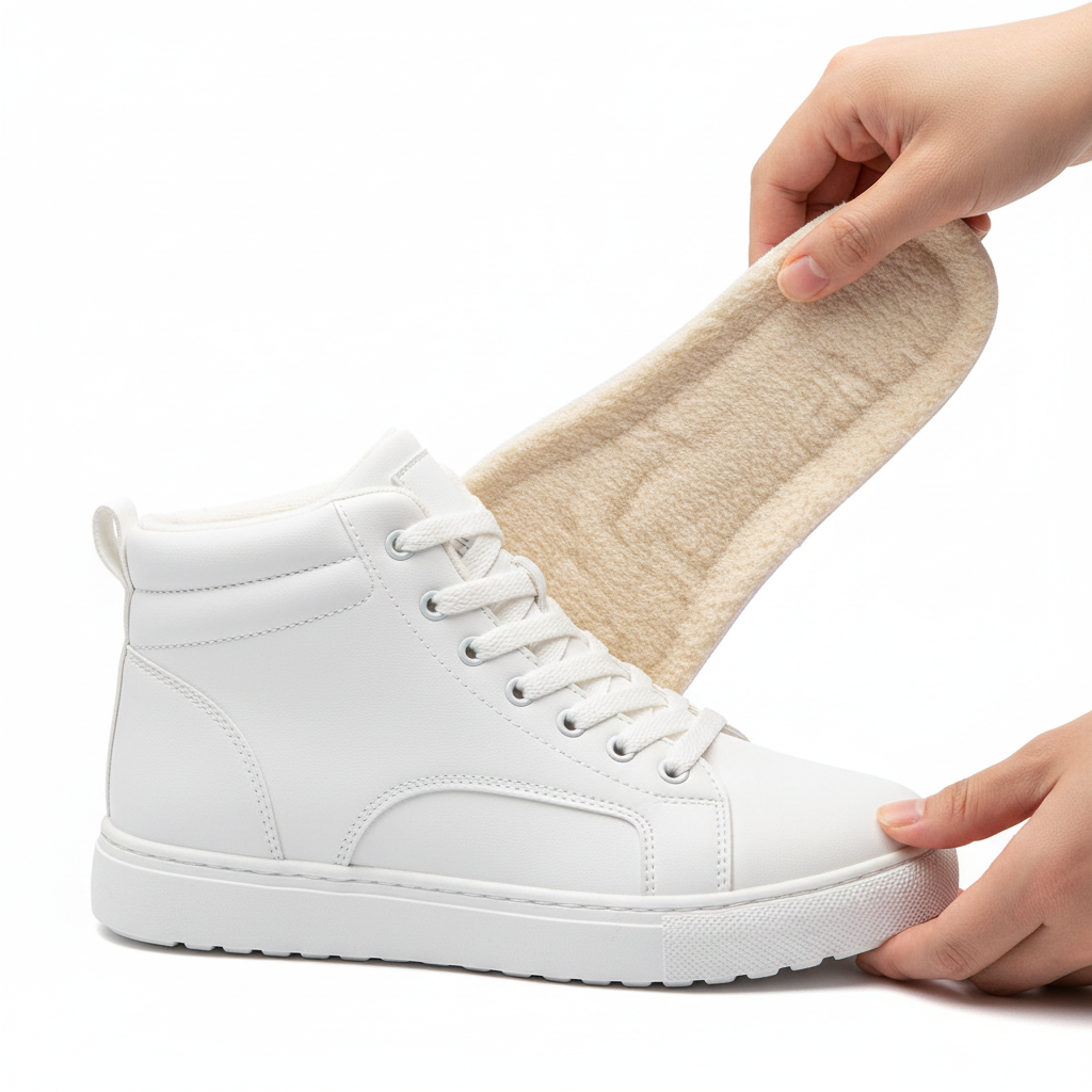 Insertion semelle thermique khaki dans une chaussure d'hiver – gros plan mains, confort polaire et isolation du froid