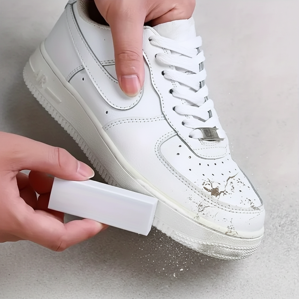 Gomme nettoyante appliquée sur semelle Nike Air Force 1 – efface les taches sans eau – Ledoscare