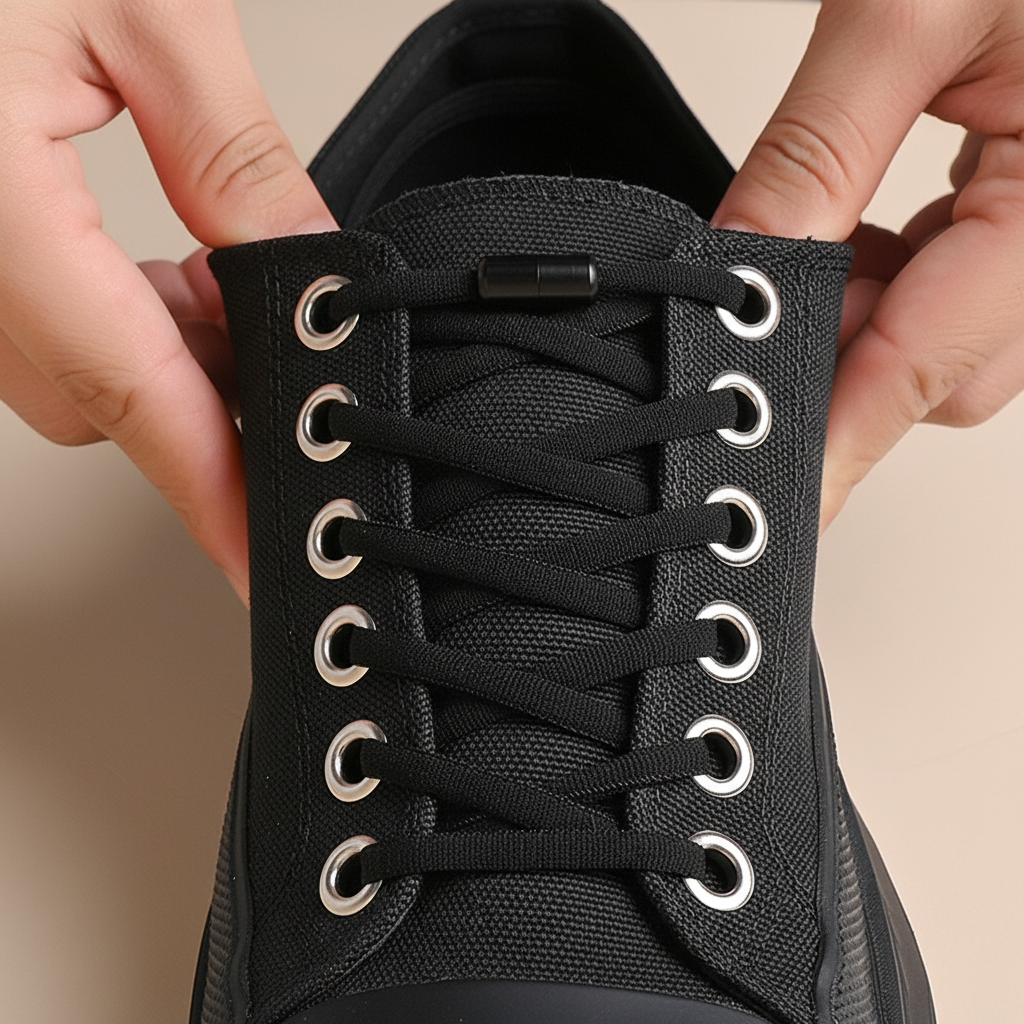 Lacets élastiques noirs installés sur sneaker noire – boucle capsule vissée – maintien parfait – Ledoscare