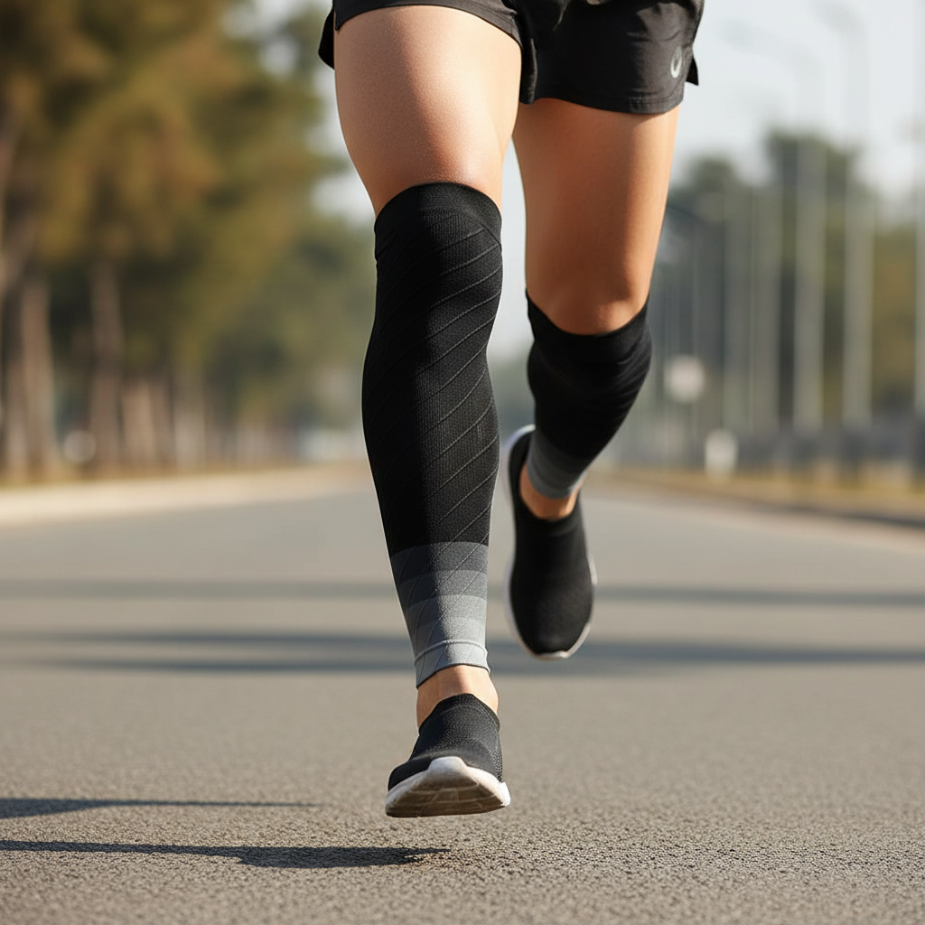 Manchon de compression gris porté en course à pied – maintien mollet anti-fatigue