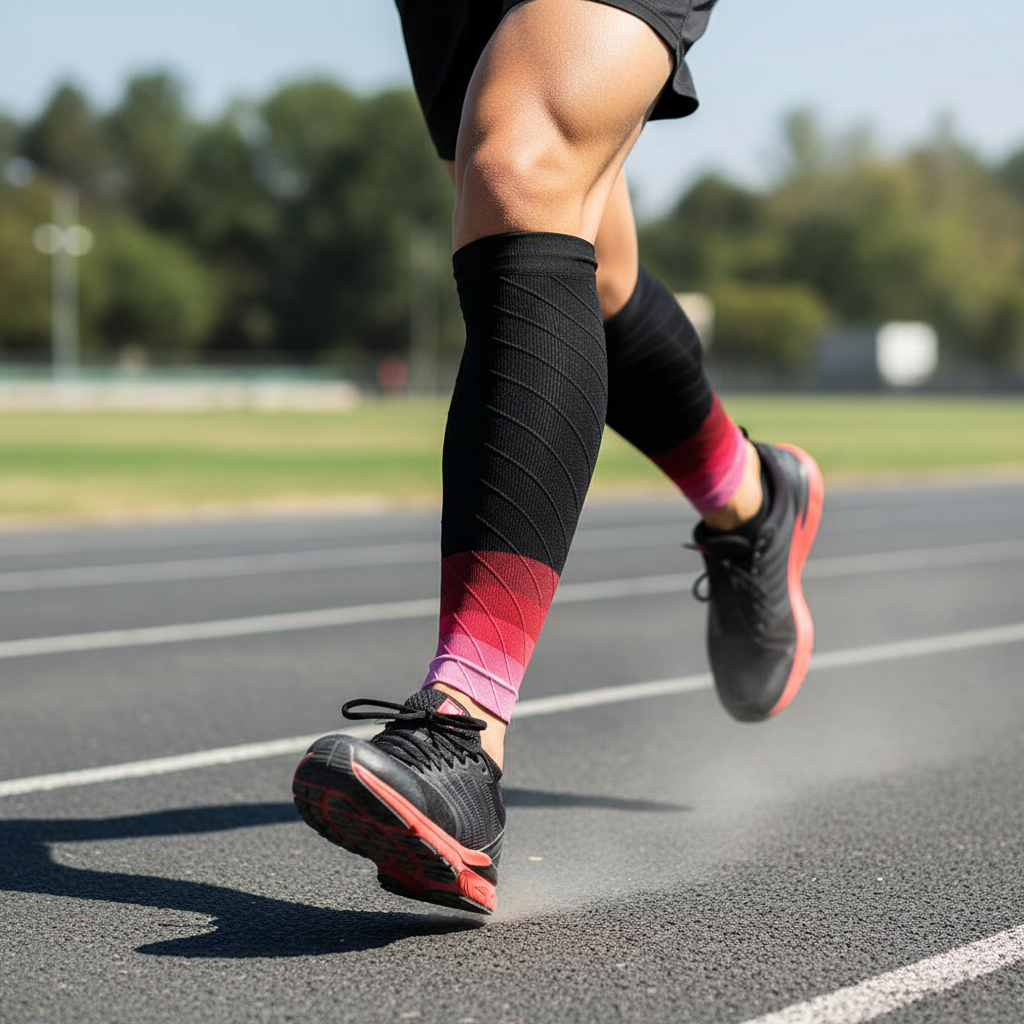 Manchon de compression rouge porté en course à pied – maintien mollet anti-fatigue