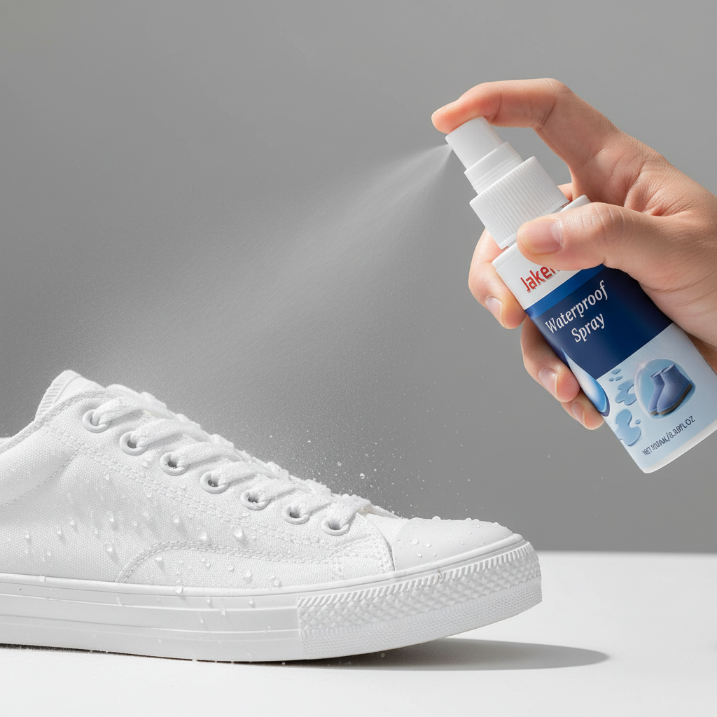 Spray imperméabilisant Jakehoe appliqué sur sneaker blanche – eau qui perle – protection anti-pluie – Ledoscare