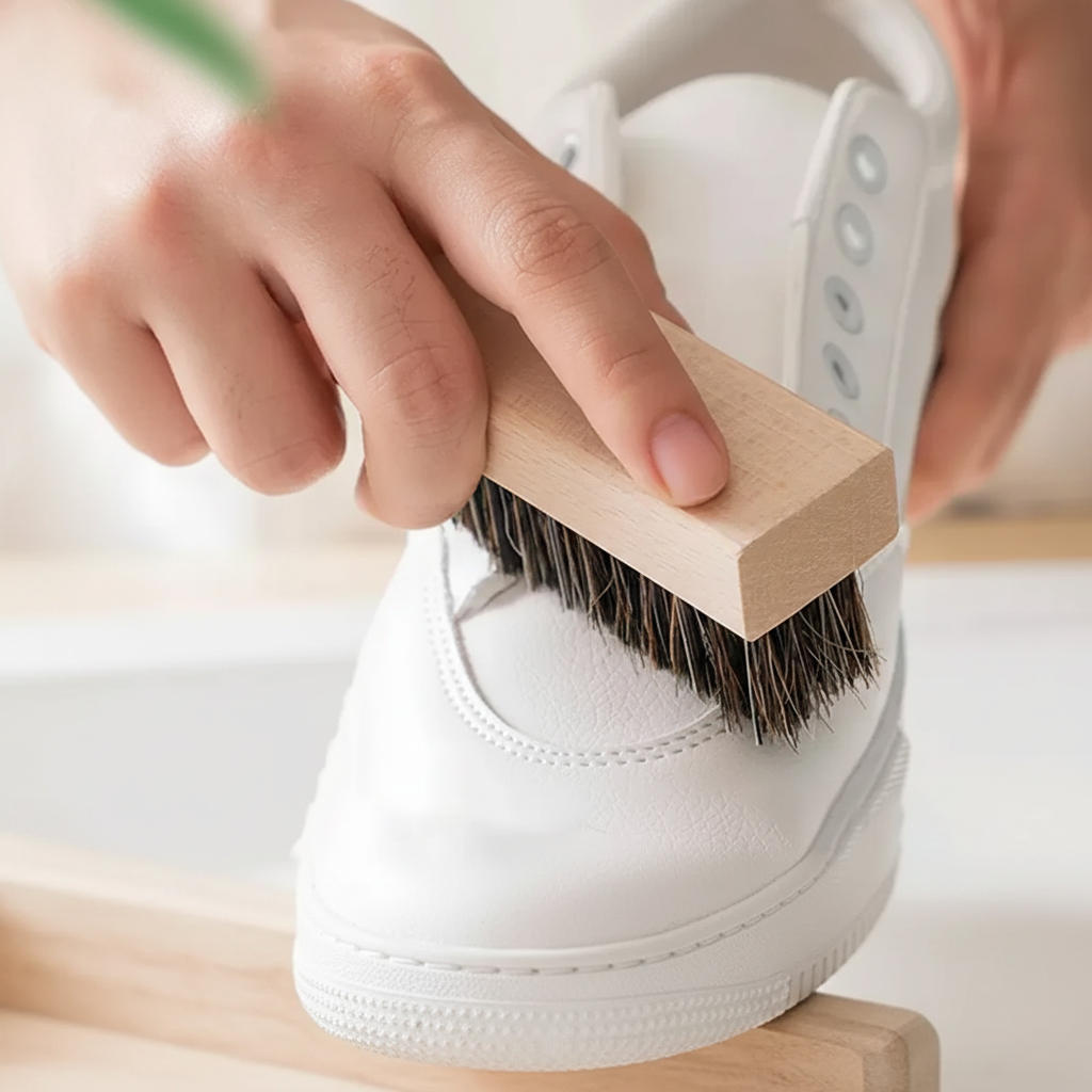 Brosse à chaussures en bois utilisée sur sneaker blanche – nettoyage cuir en profondeur – Ledoscare