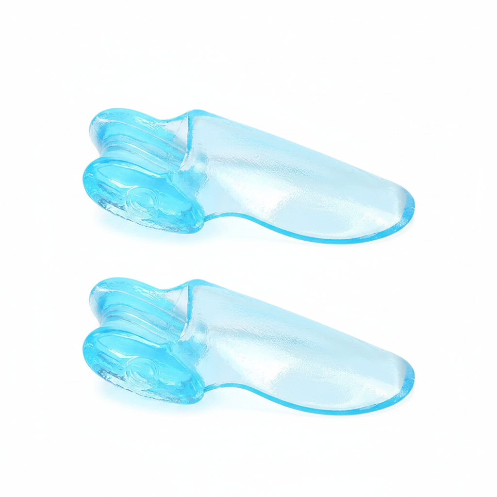Manchon correcteur d'orteil bleu porté sur le pied – séparateur entre gros orteil et deuxième orteil, soulagement hallux valgus