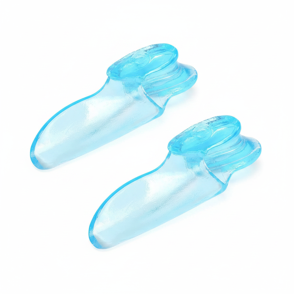 Manchon correcteur d'orteil en silicone bleu – profil latéral porté, aile de protection articulaire et gel de correction visible