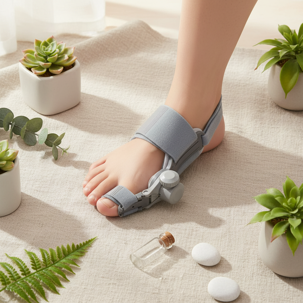 Orthèse correctrice hallux valgus – flat lay sur lin naturel avec plantes vertes, ambiance spa wellness fond blanc