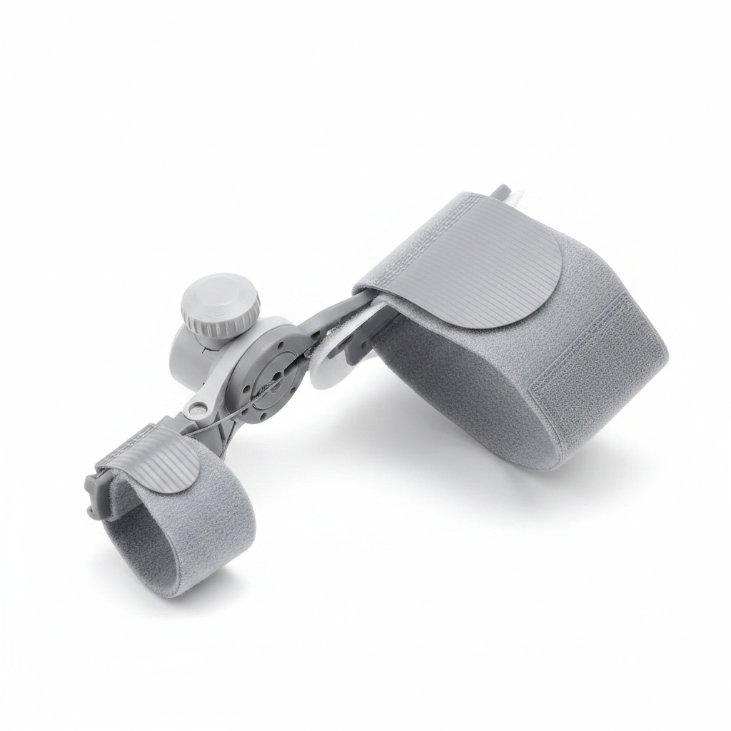 Orthèse correctrice hallux valgus – packshot produit seul fond blanc, bouton rotatif réglable et bague d'orteil