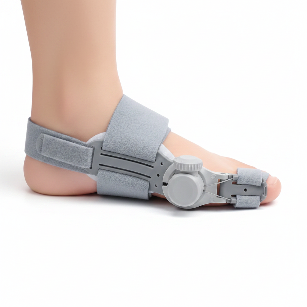 Orthèse hallux valgus – profil latéral portée sur un pied, mécanisme de correction et bandeau velcro gris visibles