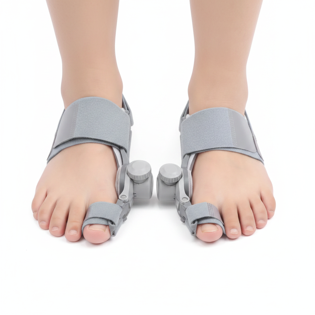 Orthèse correctrice hallux valgus – vue top-down paire gauche et droite, mécanisme rotatif et velcro, fond blanc
