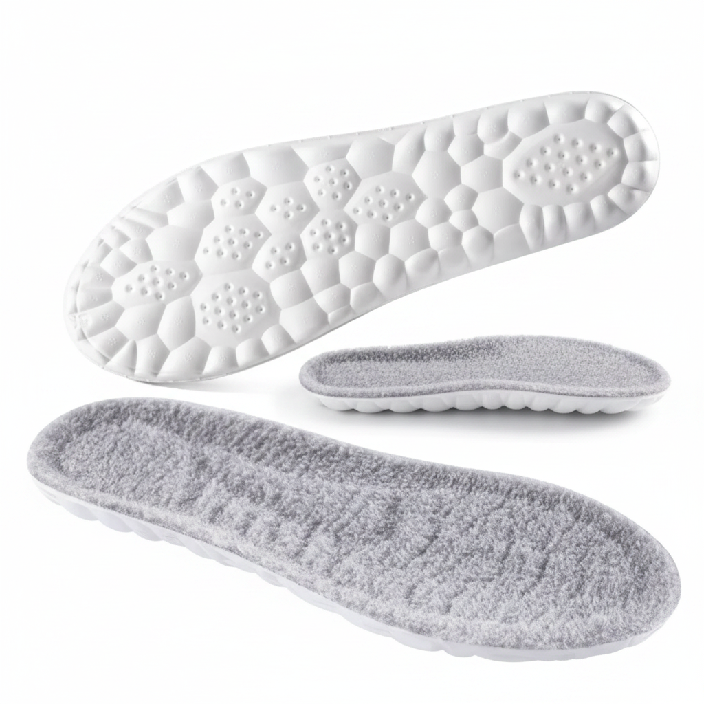 Semelles thermiques thermostatiques grises – face polaire douce et semelle EVA perforée, vue dessus fond blanc, confort hiver