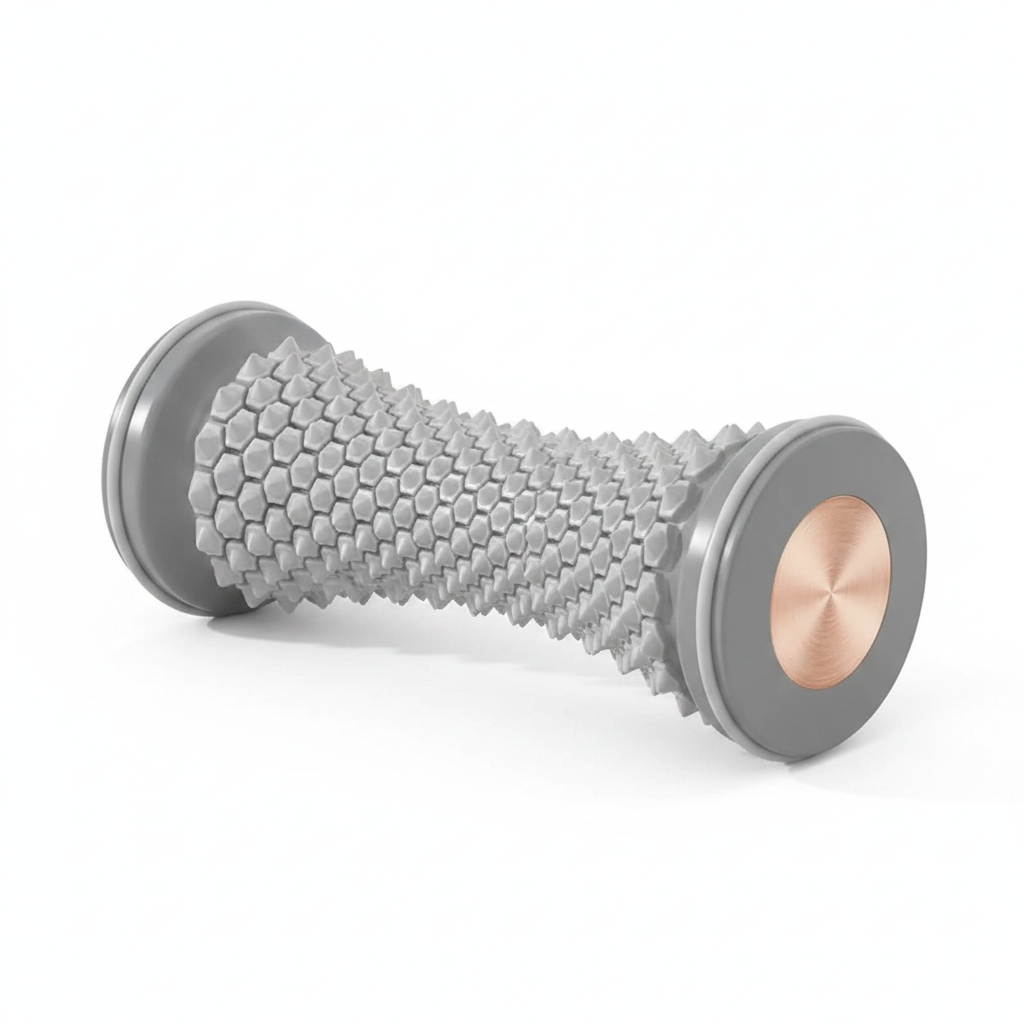 Rouleau de massage pieds argenté – picots bioniques hexagonaux – vue 3/4