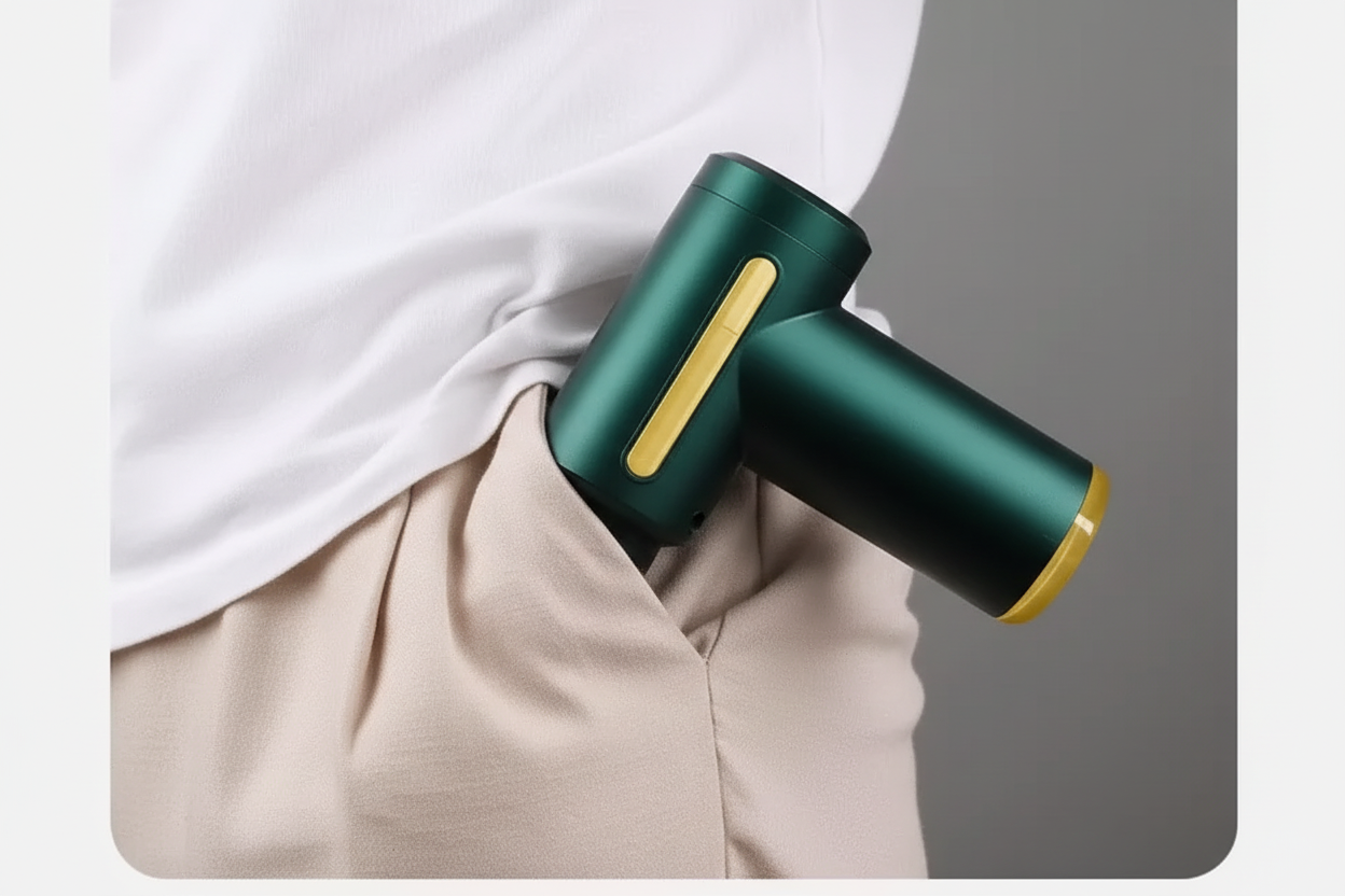 Pistolet de massage MuscleCare glissé dans une poche – format compact 13,5 cm – récupération musculaire