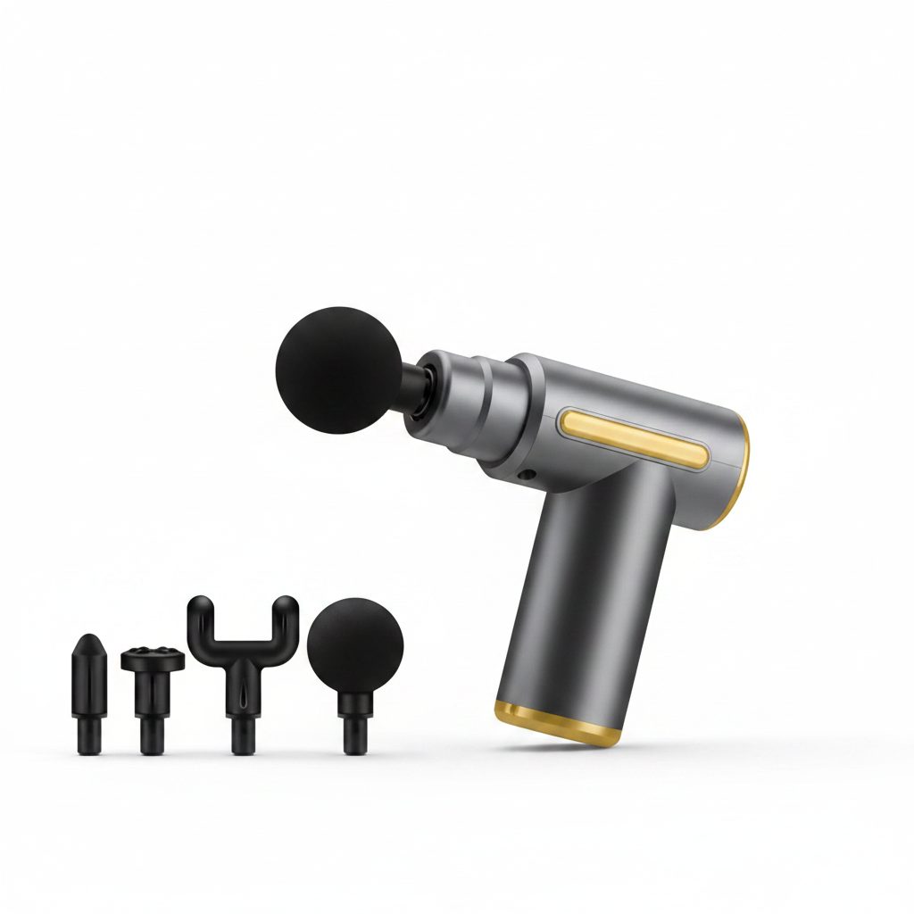 Pistolet de massage percussion gris MuscleCare – 4 têtes interchangeables – fond blanc studio – Ledoscare