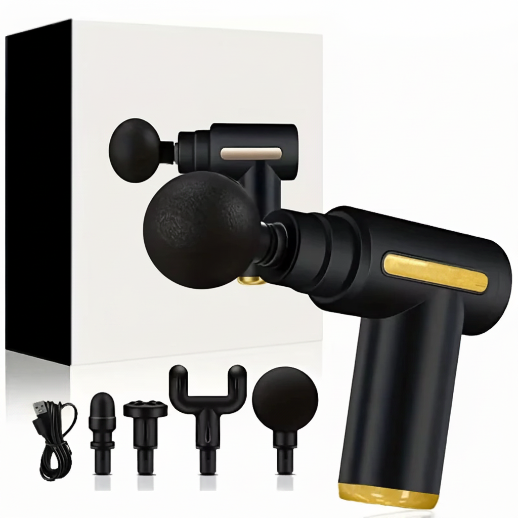 Pistolet de massage percussion noir MuscleCare – 4 têtes interchangeables – fond blanc studio – Ledoscare