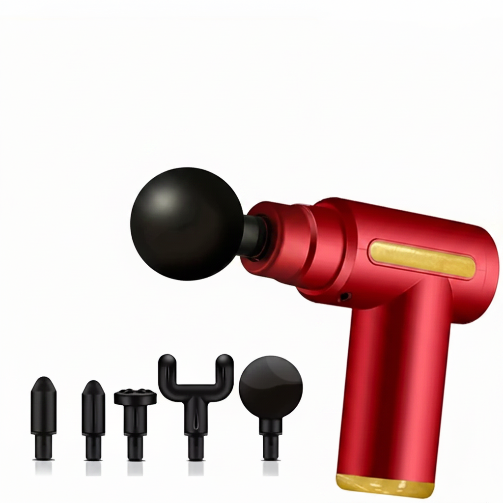 Pistolet de massage percussion rouge MuscleCare – 4 têtes interchangeables – fond blanc studio – Ledoscare