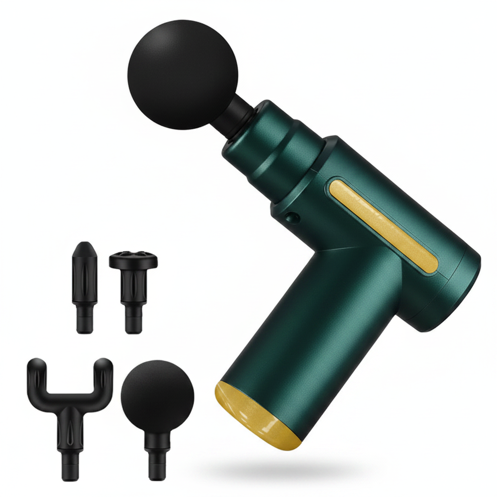Pistolet de massage percussion vert MuscleCare – 4 têtes interchangeables – fond blanc studio – Ledoscare