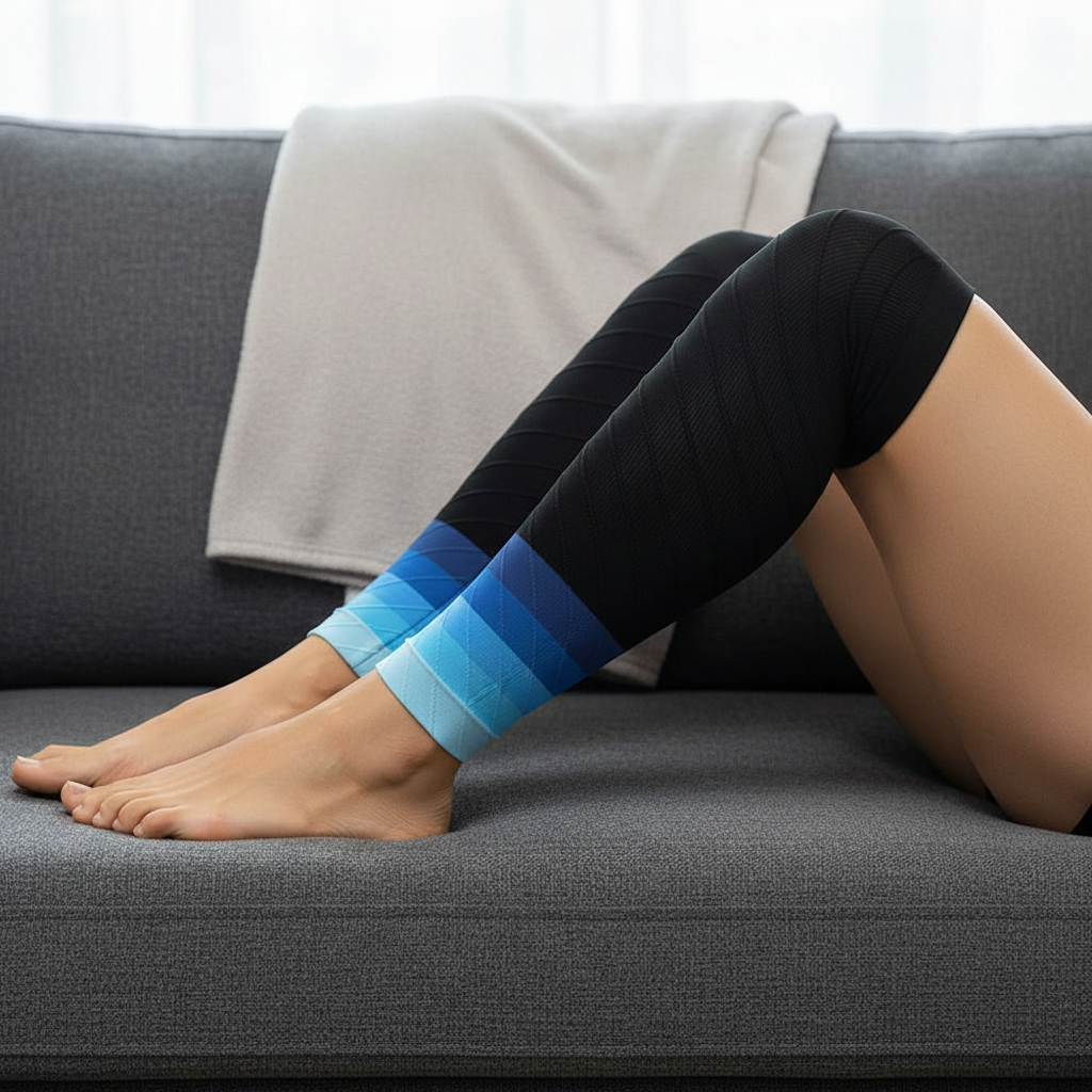 Manchon de compression bleu – jambes surélevées en récupération post-effort