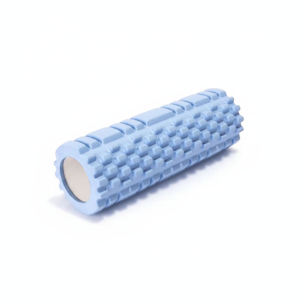 Rouleau de massage d'acupression bleu 30×8 cm – picots en relief – vue 3/4 fond blanc