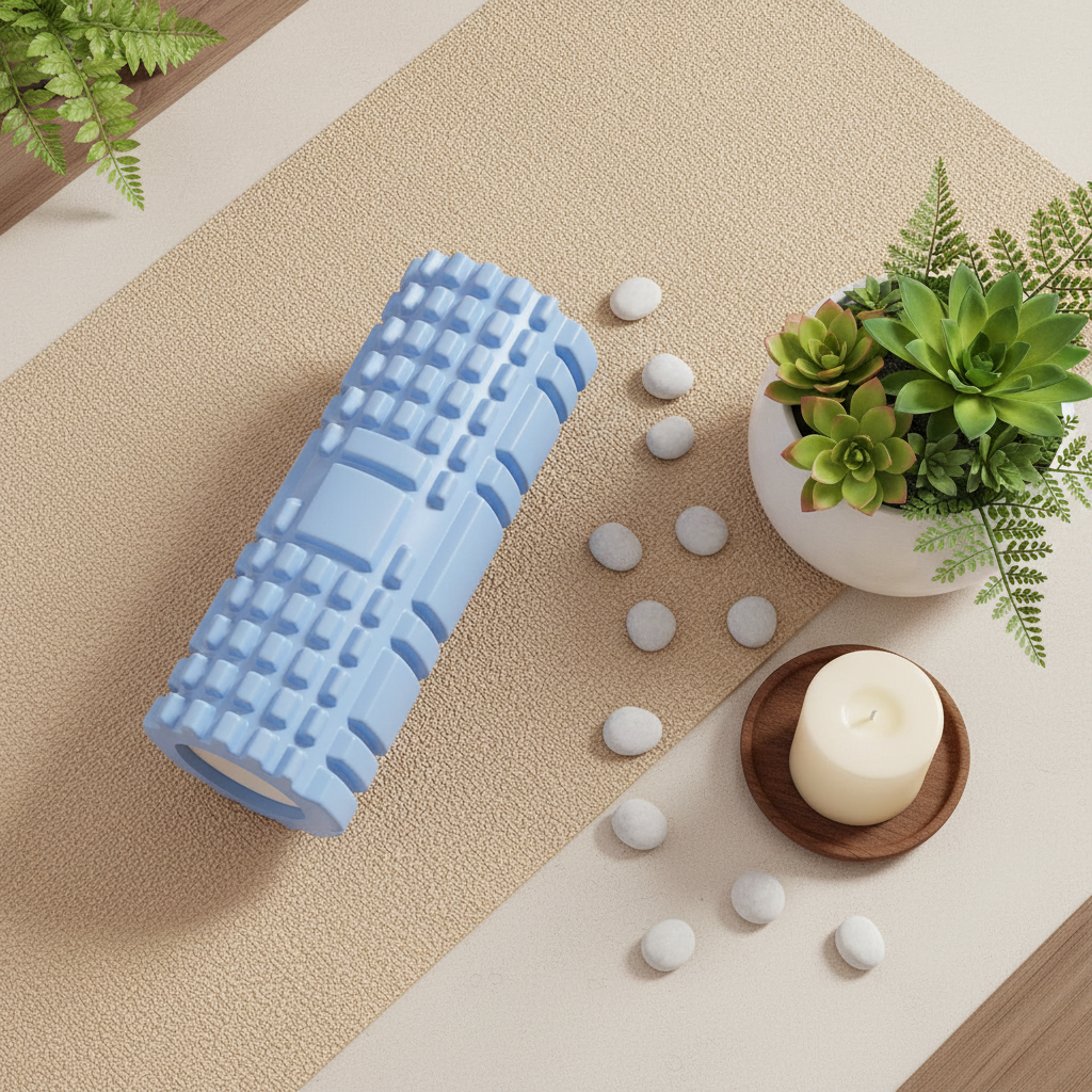 Rouleau de massage acupression bleu – packshot fond blanc studio – Ledoscare