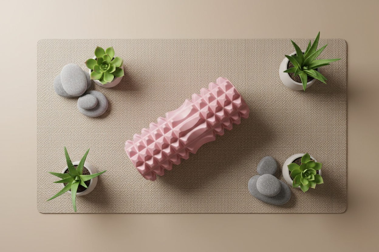 Rouleau de massage acupression rose – packshot fond blanc studio – Ledoscare