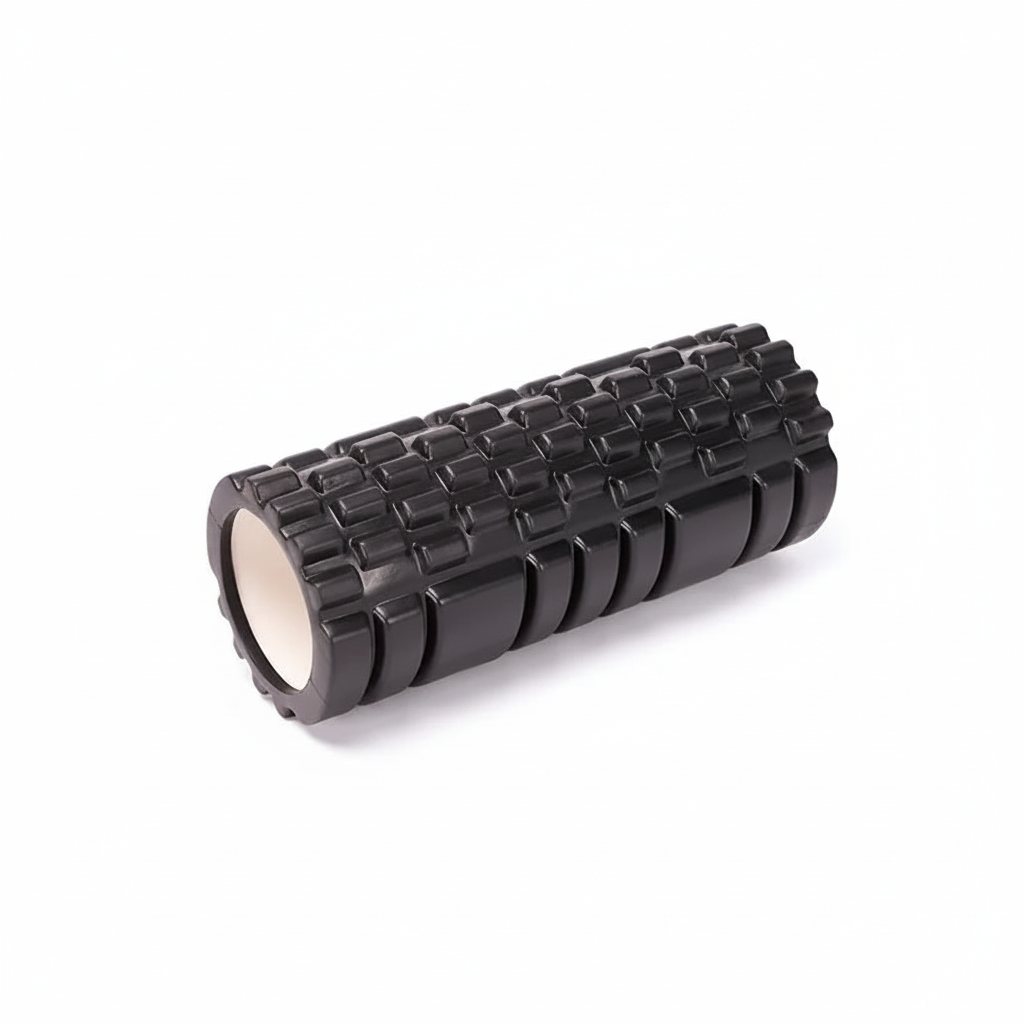 Rouleau de massage d'acupression noir 30×8 cm – picots en relief – vue 3/4 fond blanc