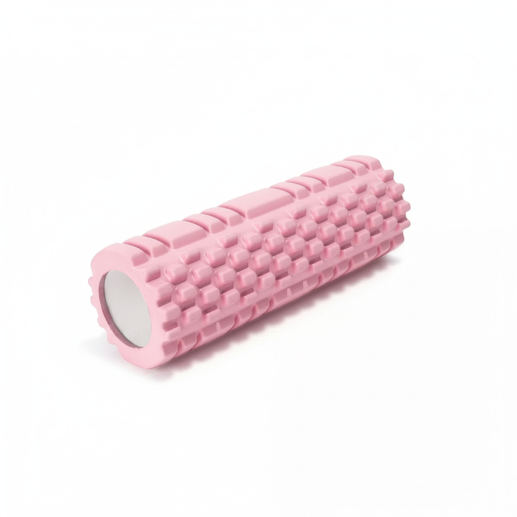 Rouleau de massage d'acupression rose 30×8 cm – picots en relief – vue 3/4 fond blanc