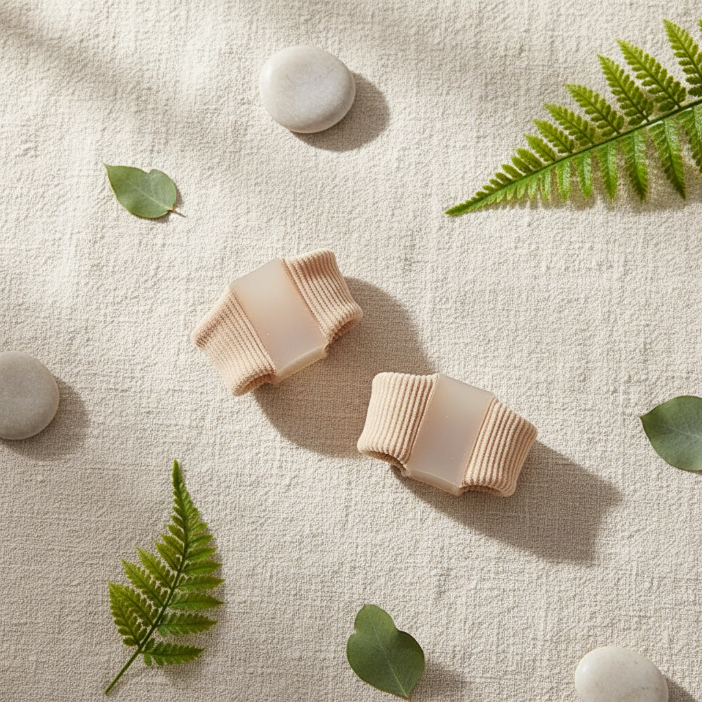 Séparateur d'orteils en silicone — lifestyle flat lay lin et plantes — Ledoscare