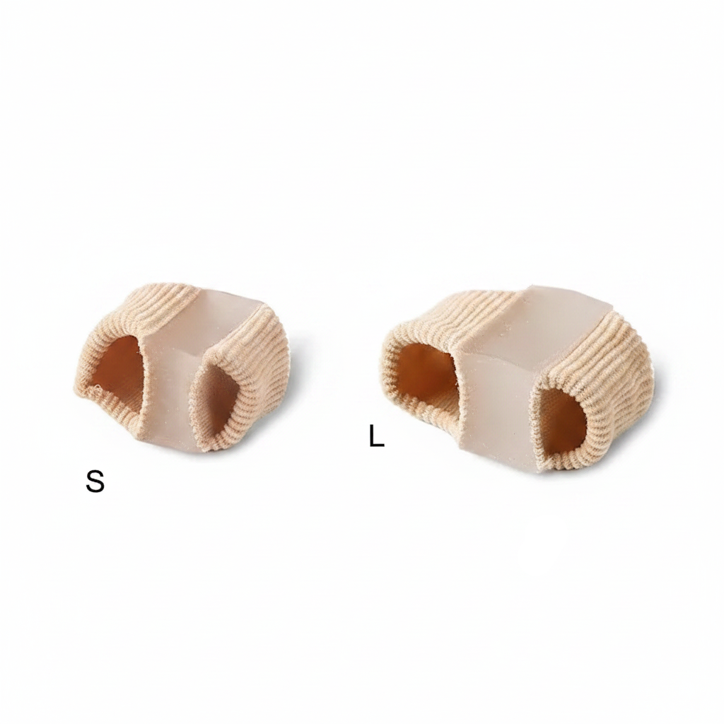 Séparateur d'orteils en silicone beige — packshot fond blanc tailles S et L — Ledoscare