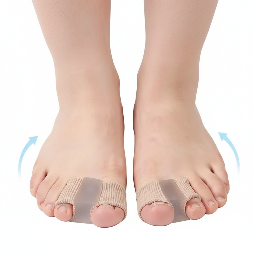 Séparateur d'orteils en silicone porté sur les deux pieds — correction hallux valgus — Ledoscare