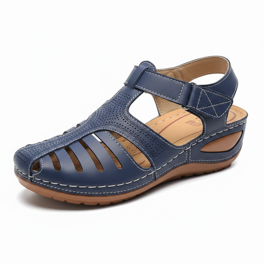 Sandale orthopédique femme Vulcane bleue – vue 3/4, semelle compensée et fermeture velcro