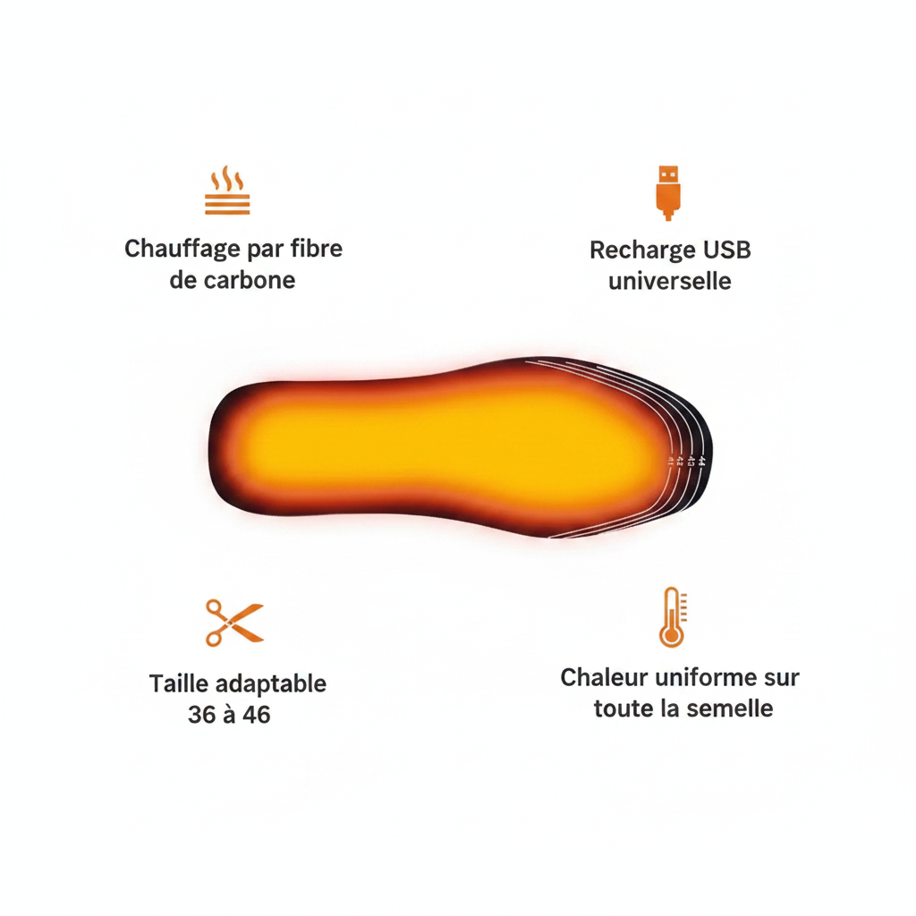 Infographie semelles chauffantes USB – fibre de carbone infrarouge, EVA 4mm, nylon respirant, pad caoutchouc chauffant