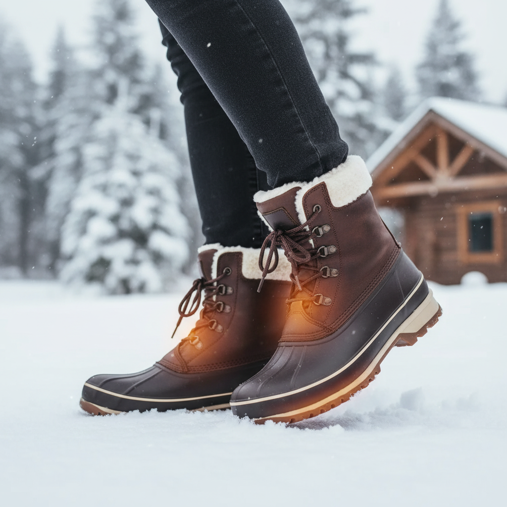 Semelles chauffantes USB portées dans des bottes d'hiver dans la neige – chaleur fibre de carbone, confort grand froid