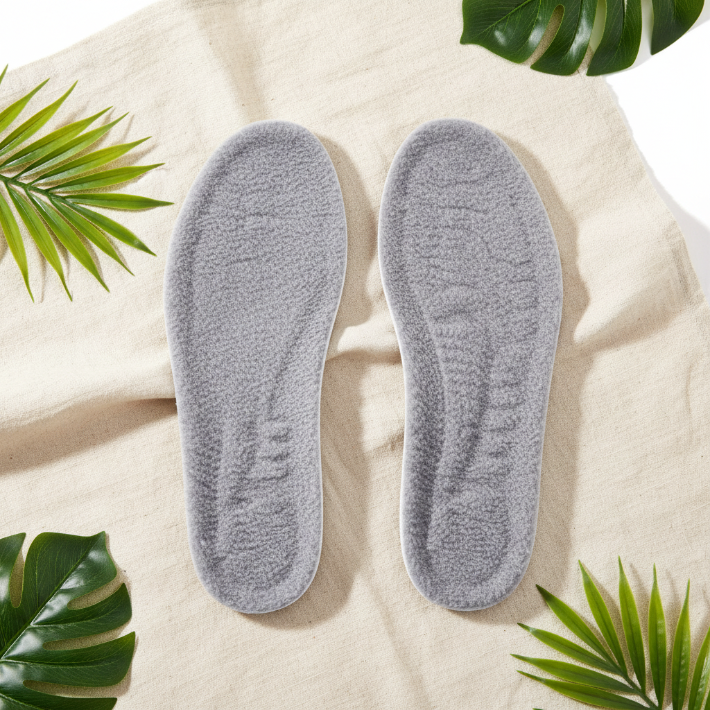 Semelles thermiques grises flat lay sur lin naturel avec plantes – confort thermostatique hiver, face polaire douce