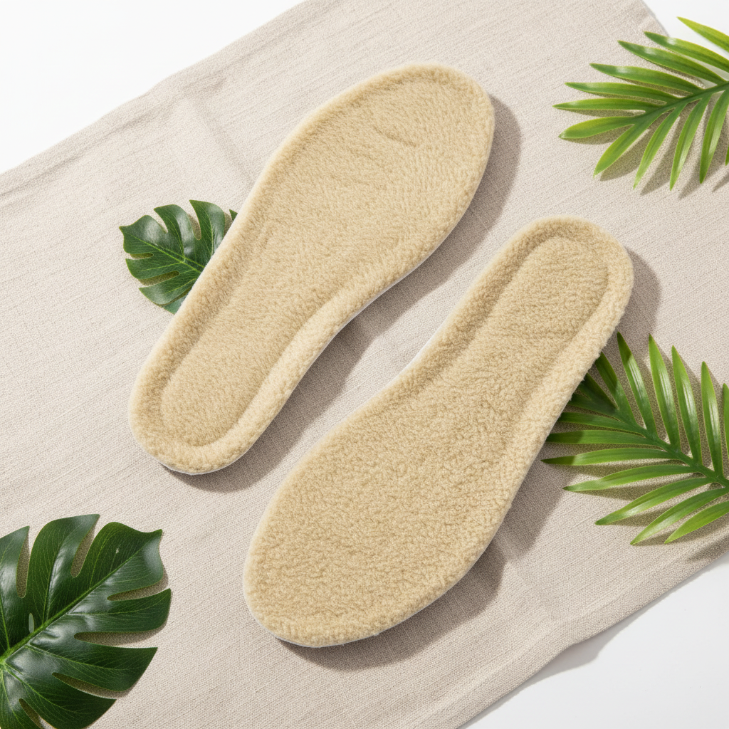 Semelles thermiques khaki flat lay sur lin naturel avec plantes – isolation thermique polaire, amorti popcorn EVA
