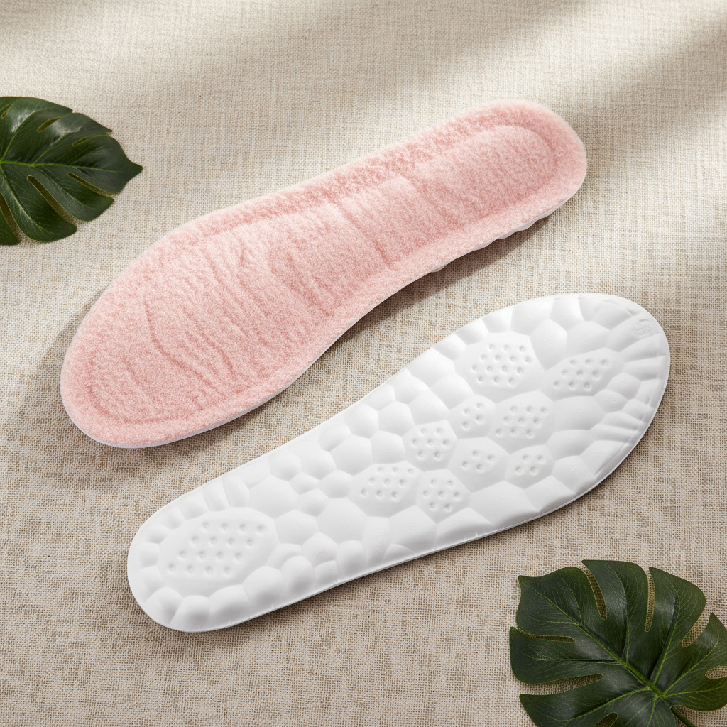Semelles thermiques roses flat lay sur lin naturel avec plantes – chaleur polaire jusqu'à -40°C, ambiance wellness hiver
