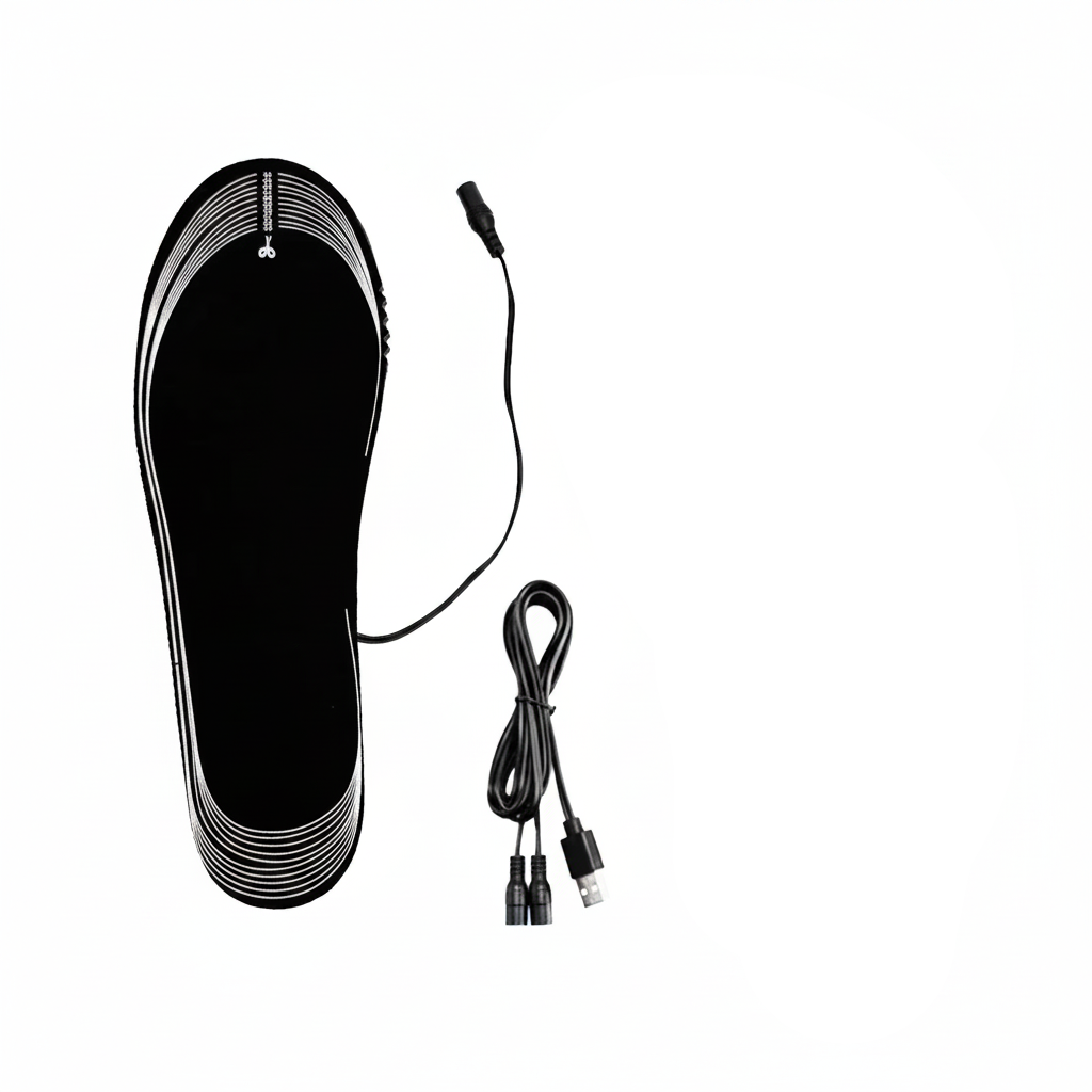 Semelles chauffantes USB – 2 styles : noir lignes blanches et noir fibre carbone rouge, câble USB, fond blanc