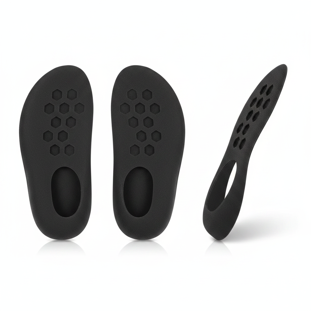 Soutiens talon et plante du pied en silicone noir – packshot paire, picots hexagonaux et ouverture ovale, fond blanc