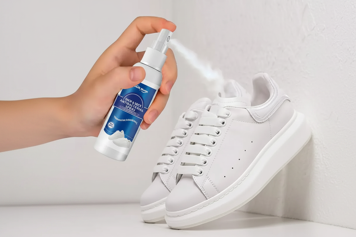 Spray anti-odeur appliqué dans une sneaker – utilisation directe dans la chaussure – Ledoscare