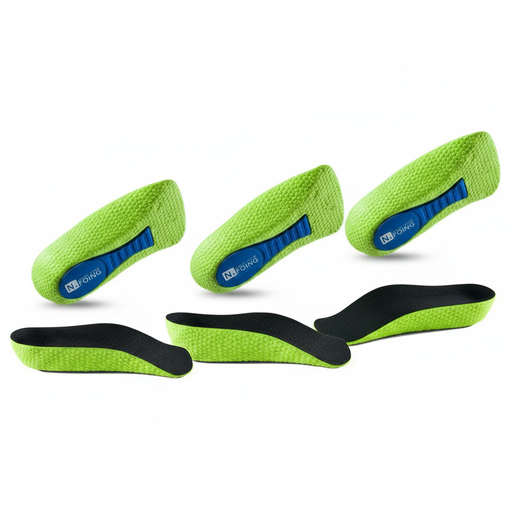 Comparatif talonnettes orthopédiques 1.5cm 2.5cm 3.5cm – vue profil montrant les 3 hauteurs de rehausse disponibles