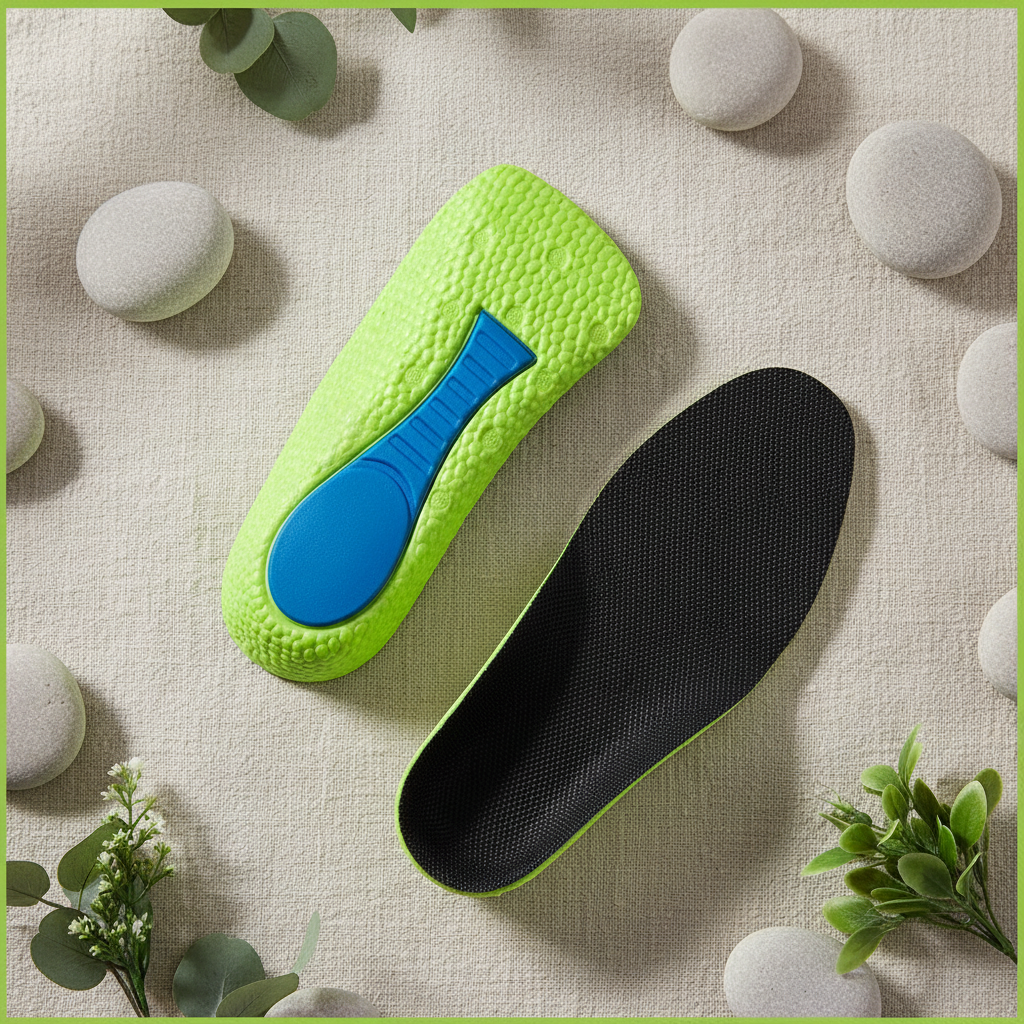 Talonnettes orthopédiques mémoire de forme flat lay sur lin naturel – ambiance wellness, confort et soin du talon