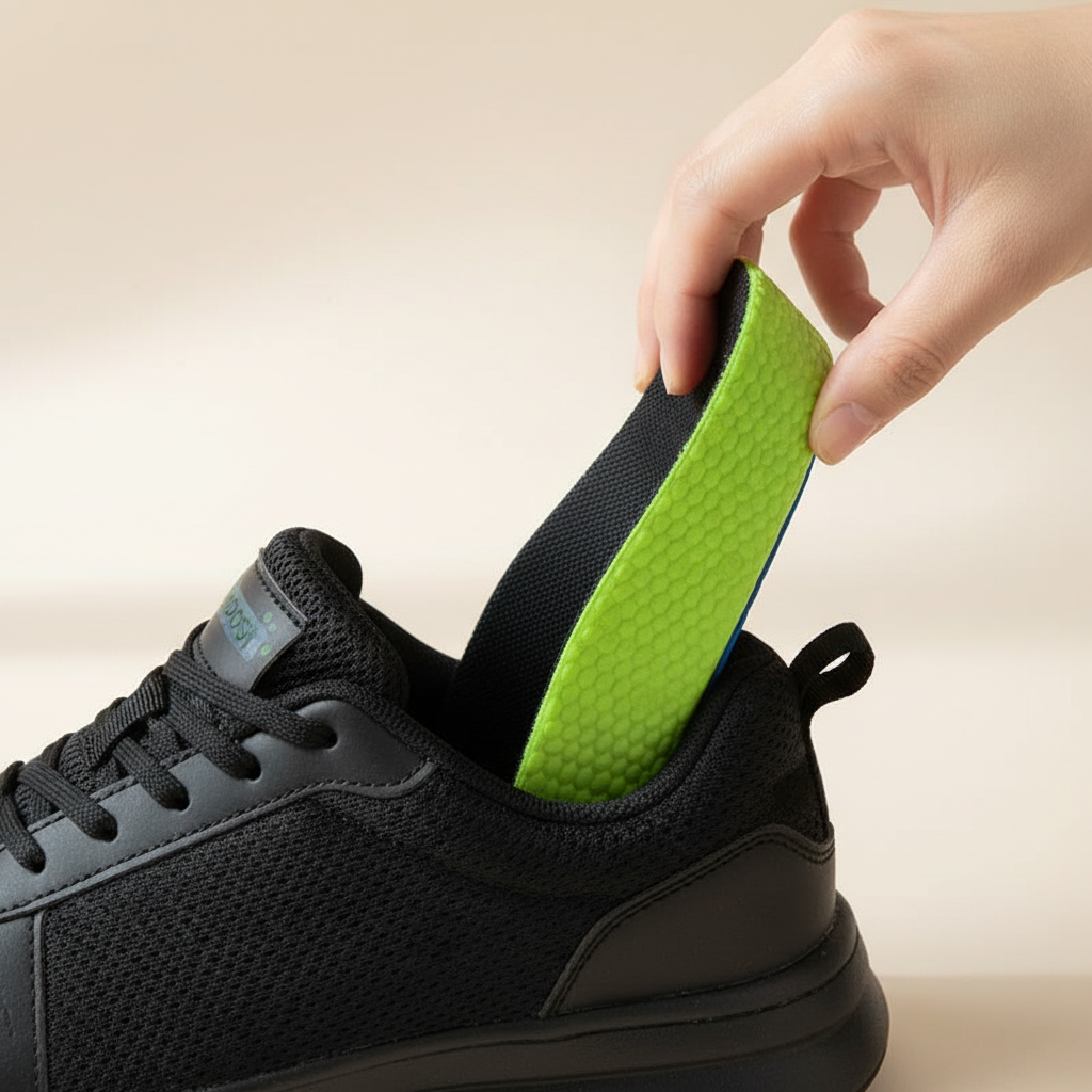 Insertion talonnette orthopédique verte dans une chaussure – gros plan mains, pose simple et rapide pour un confort immédiat