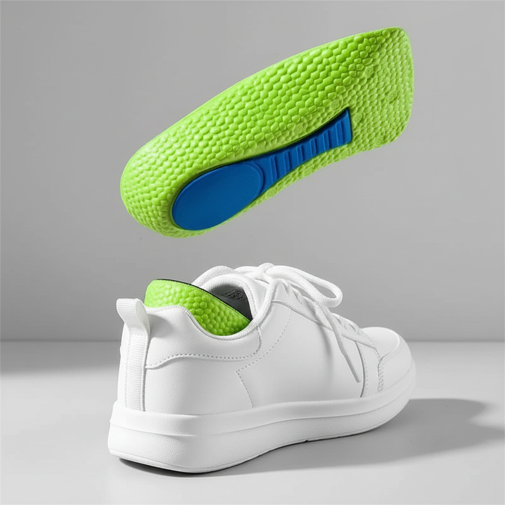 Talonnette orthopédique verte lifestyle – insérée dans une sneaker blanche, confort et amorti du talon au quotidien