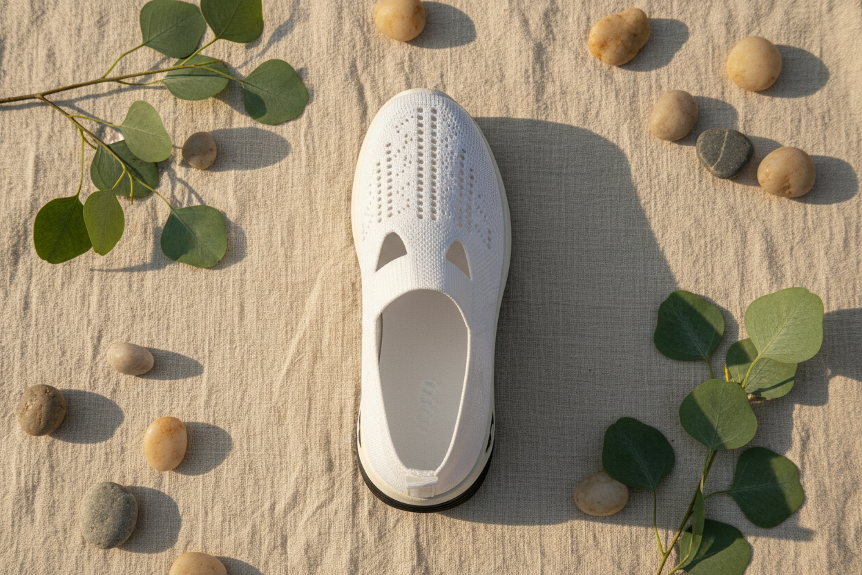 Chaussures Vulcane II blanches flat lay sur lin naturel avec feuilles d'eucalyptus – confort orthopédique, ambiance wellness spa premium