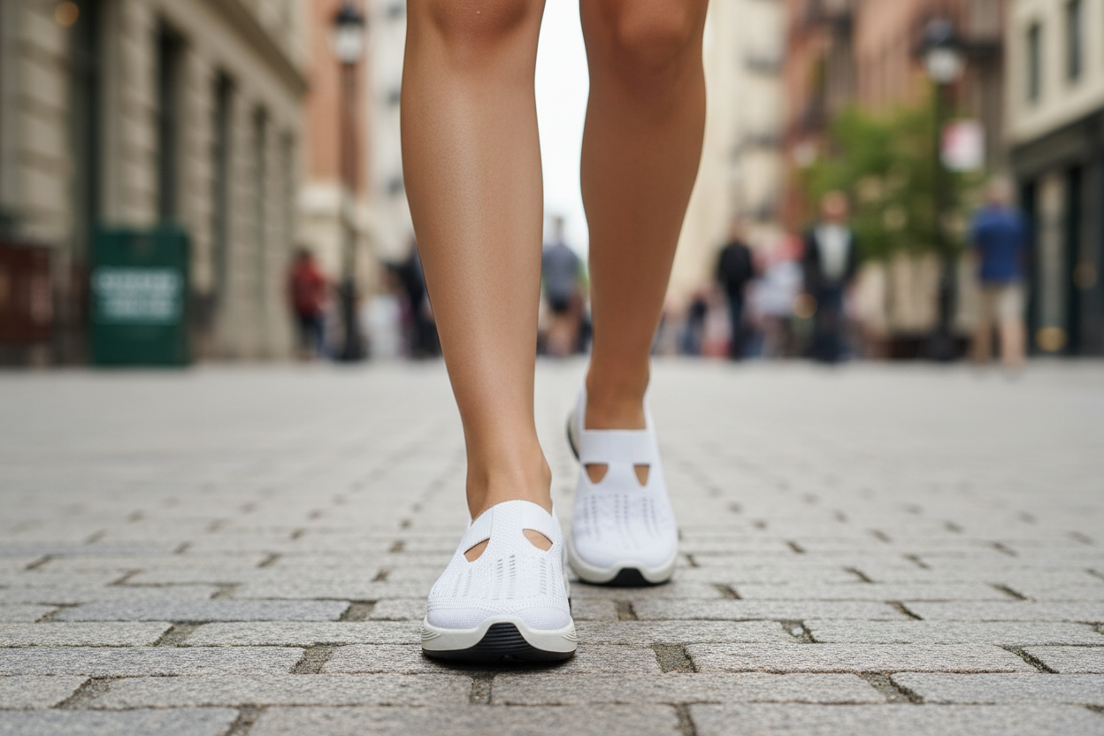 Femme en marche urbaine portant les chaussures orthopédiques Vulcane II blanches – soulagement plantaire et légèreté au quotidien